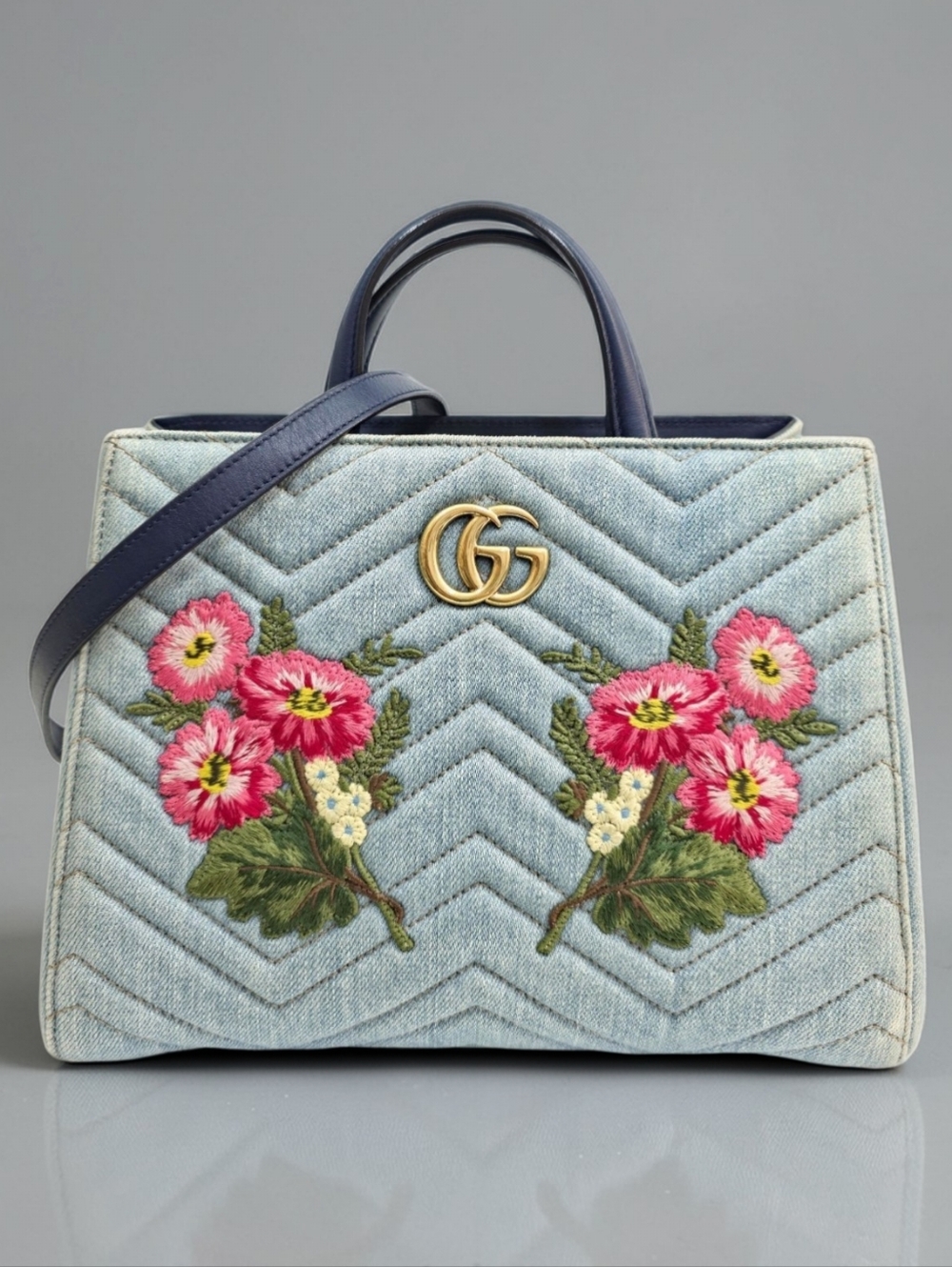 Gucci GG Marmont Matelasse Denim Floral Embroidered Small Tote Crossbody Bag